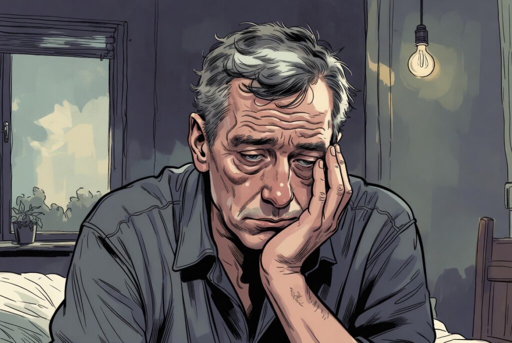 man feeling drained and tired after sleeping well due to low energy and poor circulation