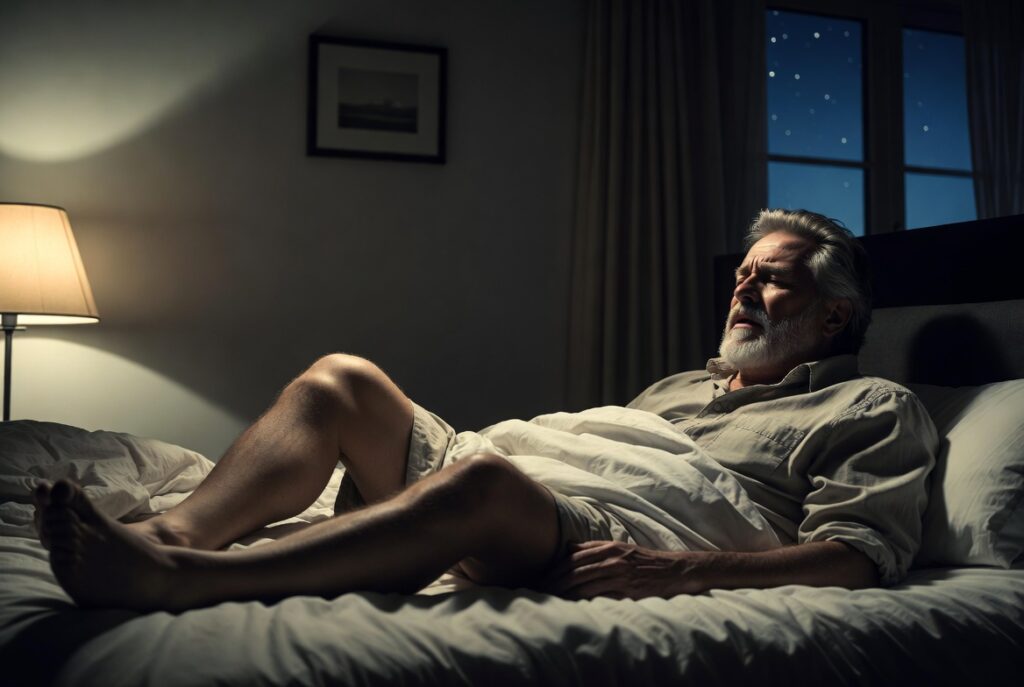 man lying in bed with heavy tired legs at night due to poor circulation