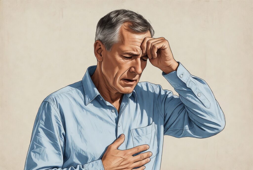 man feeling dizzy and holding head after standing up quickly at home