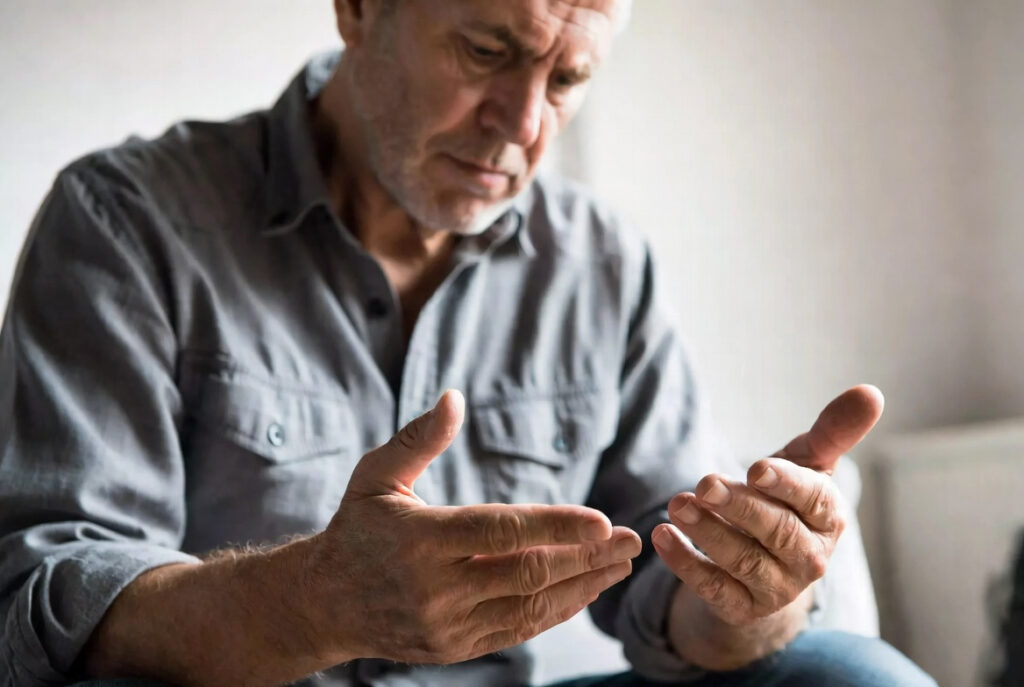 man over 40 looking at his hands noticing circulation issues