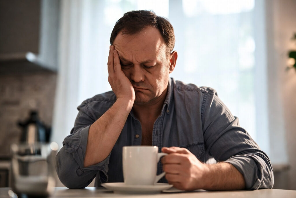 man over 40 looking tired holding coffee at table