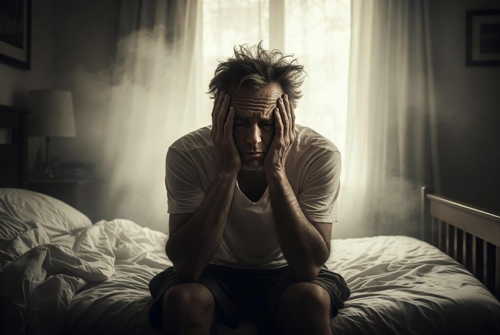 man sitting on bed in the morning holding head feeling mental fog and fatigue